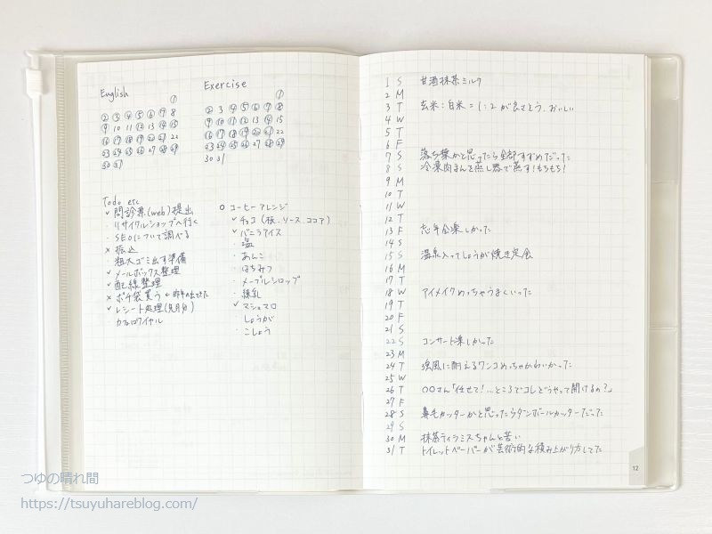 マンスリーログの例(方眼メモ)